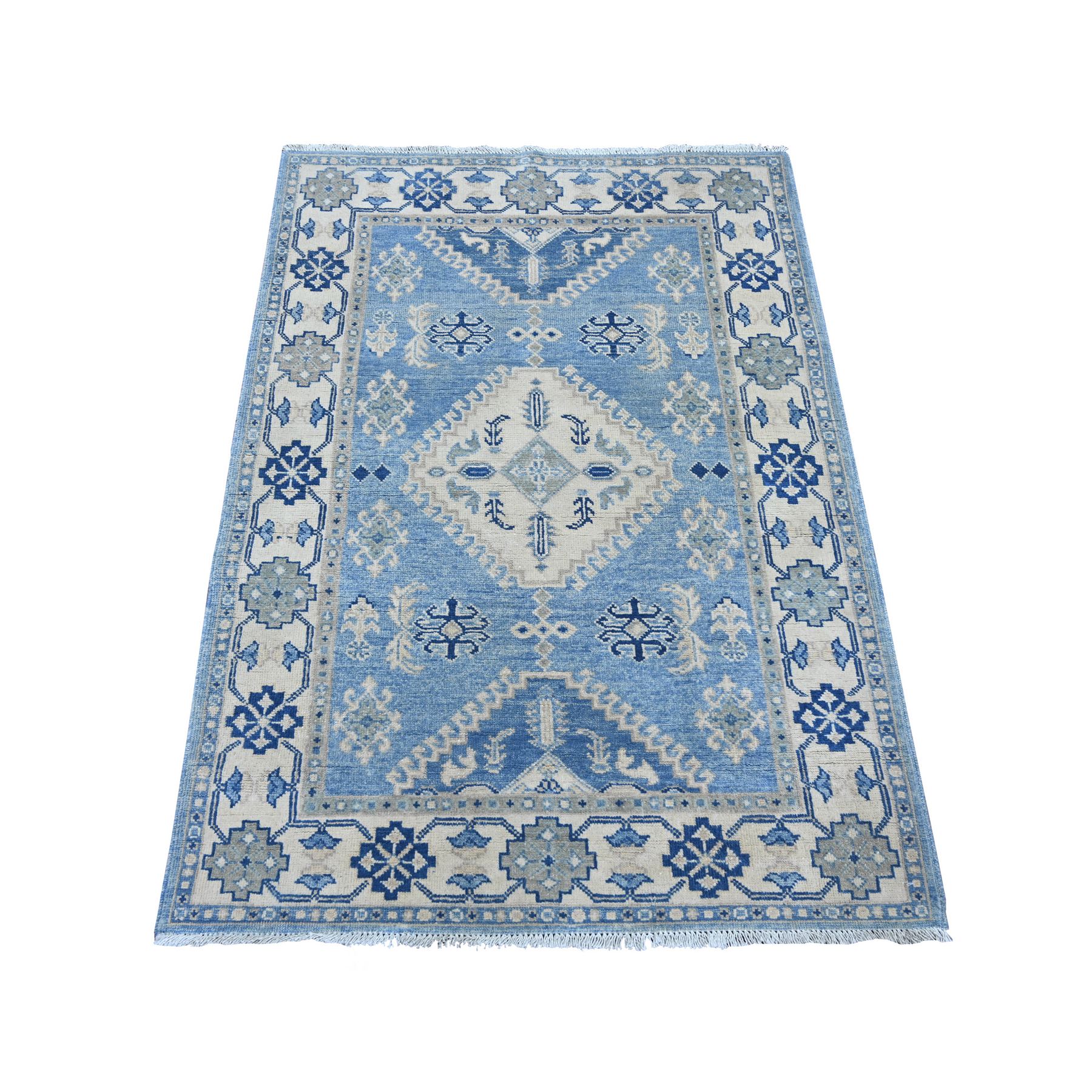 3'4"x4'7" Carolina Blue, Vintage Look Kazak with Geometric Medallion, Hand Knotted, 100% Wool, Natural Dyes, Oriental Rug 